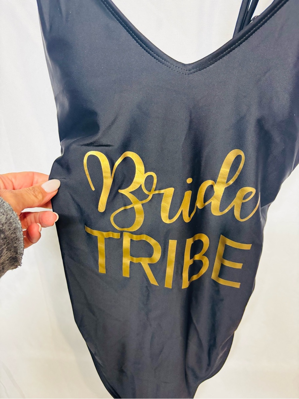 Bride Tribe Black One Piece Swimsuit Gold Graphic Lace-Up Back Size M bach